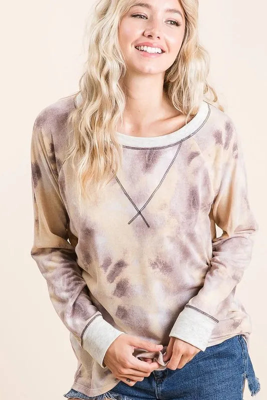 BiBi tie-dye terry pullover sweatshirt in beige-brown with white trim
