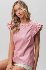 BiBi Leather Look Smocked Ruffled Top | Tops Daverri Fashions