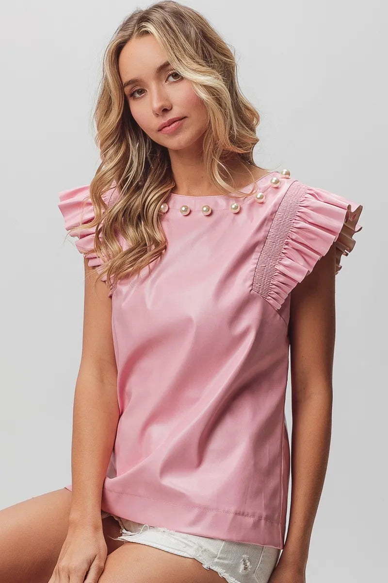 BiBi Leather Look Smocked Ruffled Top Tops