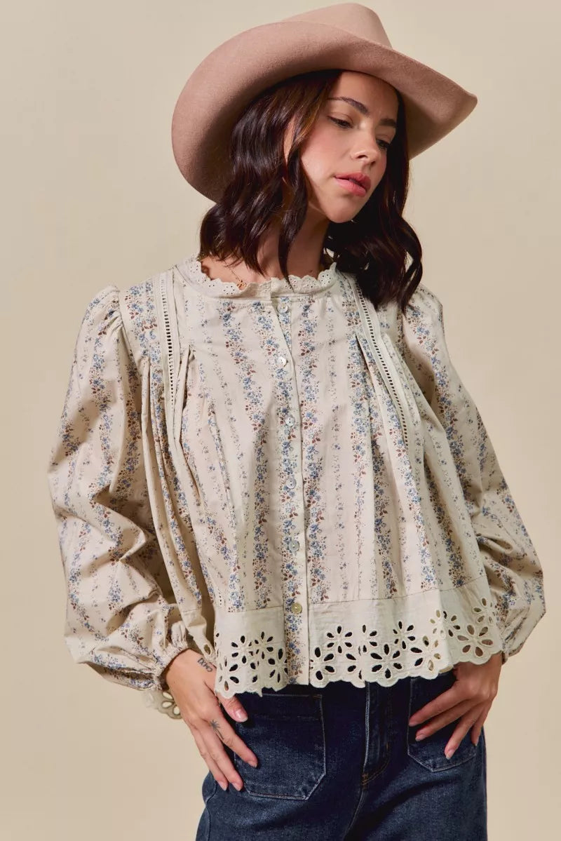 SO ME Floral Print Lace Button Down Shirt | Daverri Fashions