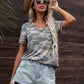 Daverri Glitter V-Neck Tee in camouflage with shimmering trim