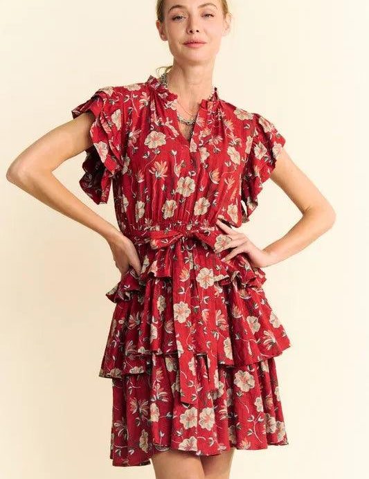 Davi & Dani Ruffle Flutter Sleeve Tie Belt Tiered Mini Dress | Mini Dresses Daverri Fashions