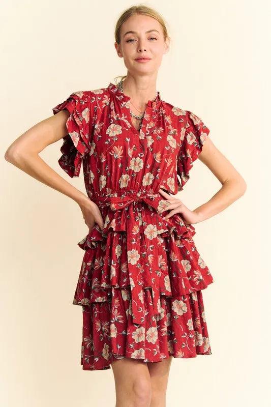 Davi & Dani Ruffle Flutter Sleeve Tie Belt Tiered Mini Dress - DAVERRI FASHIONS
