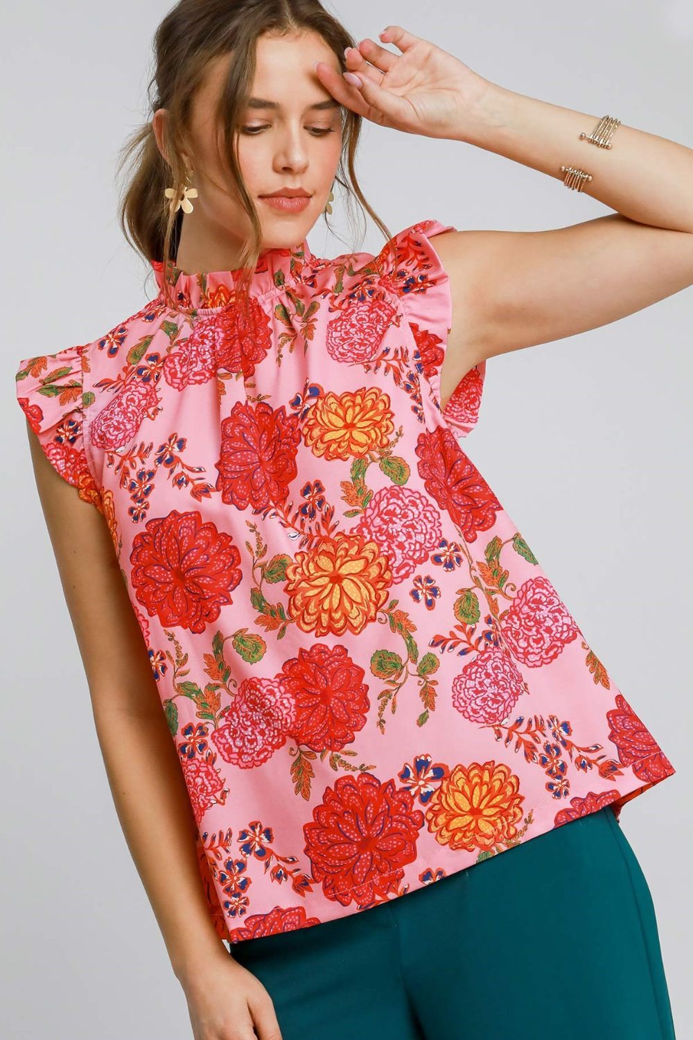 Umgee Full Size Floral Print Ruffled Cap Sleeve Blouse Plus Size Blouses