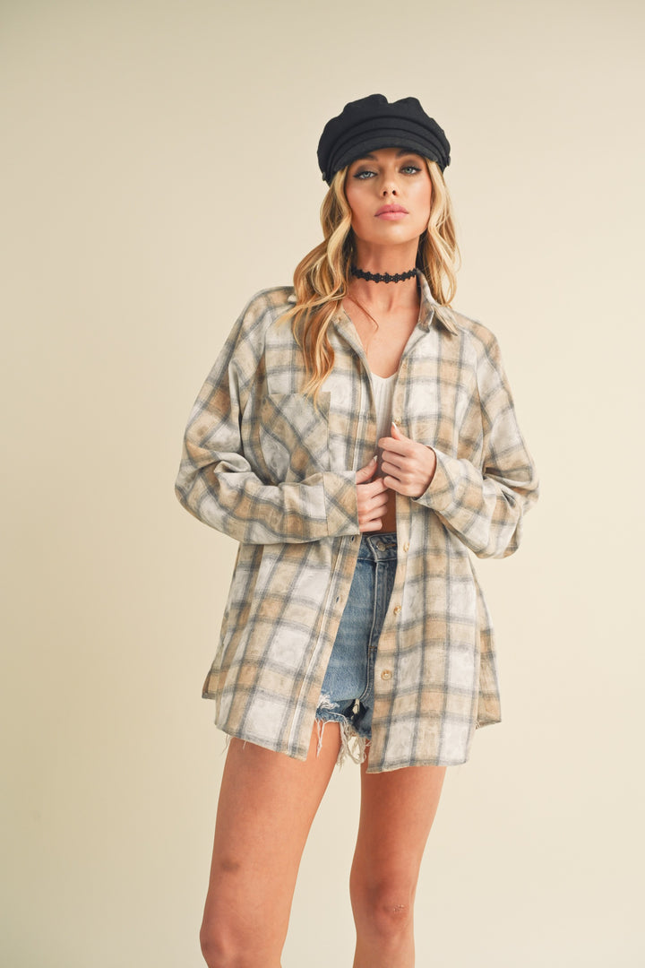 Aemi + Co Washed Plaid Flannel Side Step Hem Shirt