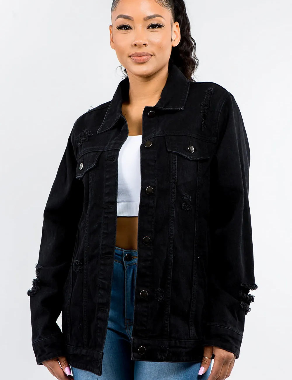 Black American Bazi Full Size Button Up Distressed Denim Jacket | Daverri Fashions