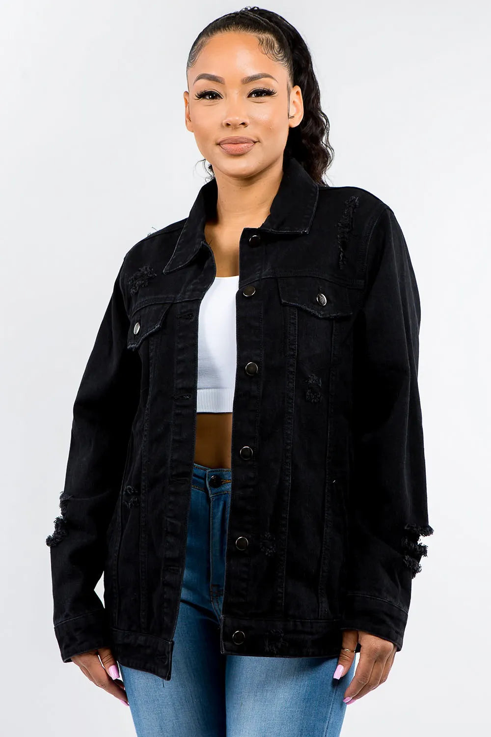 American Bazi Full Size Button Up Distressed Denim Jacket Black