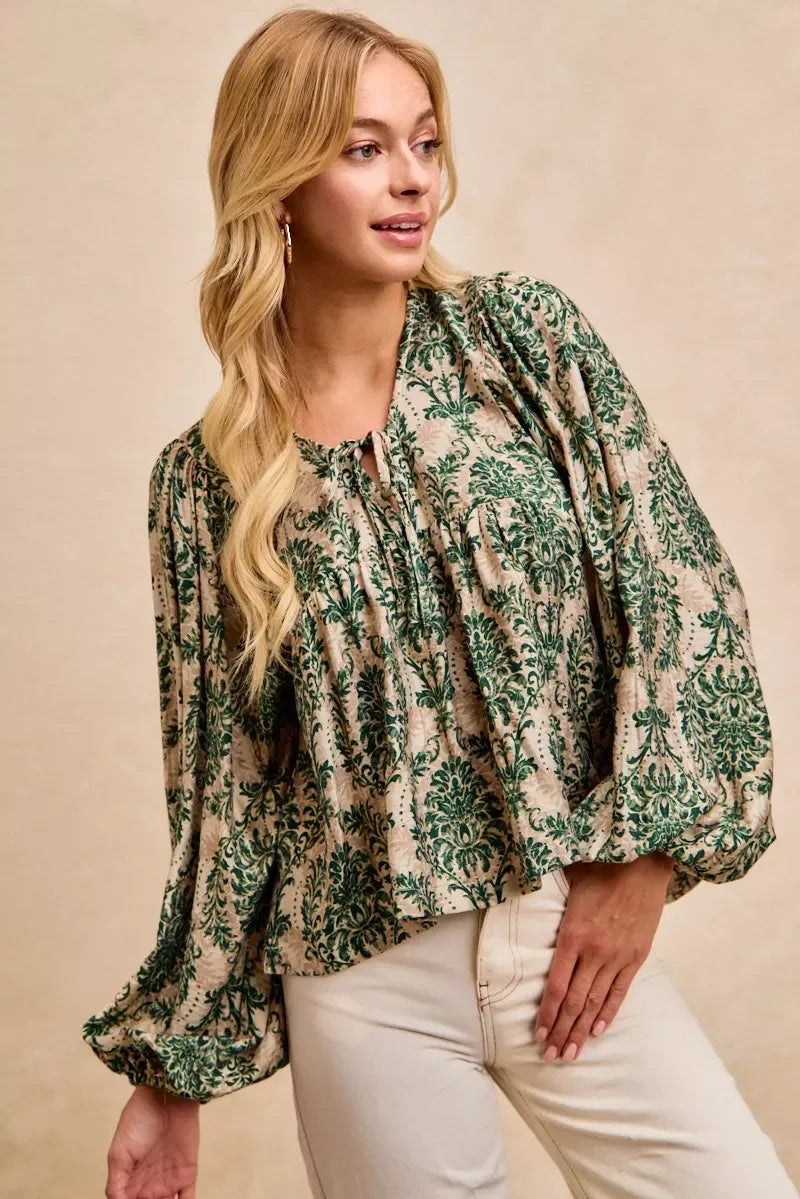 BiBi Printed Woven Front Tied Blouse with Baloon Sleeve - DAVERRI FASHIONS