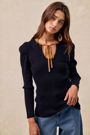 BiBi Ribbed Contrast Front Tied Shirred Fabric Top | Tops Daverri Fashions