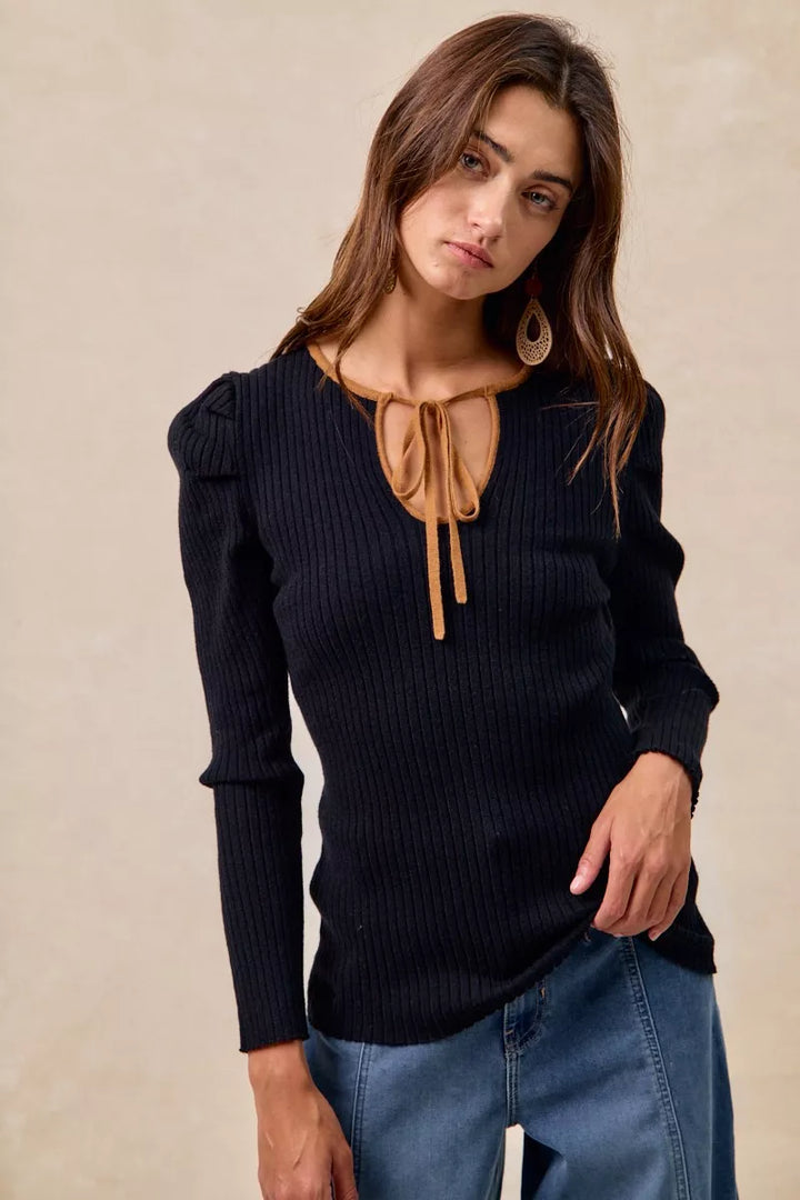 BiBi Ribbed Contrast Front Tied Shirred Fabric Top | Tops Daverri Fashions