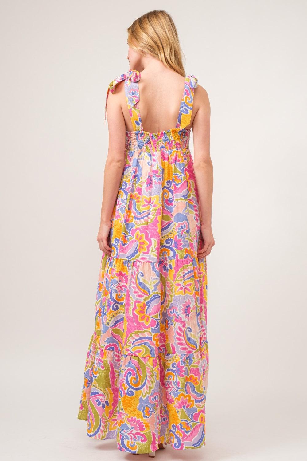 And The Why Full Size Printed Tie Shoulder Tiered Maxi Dress - DAVERRI FASHIONS