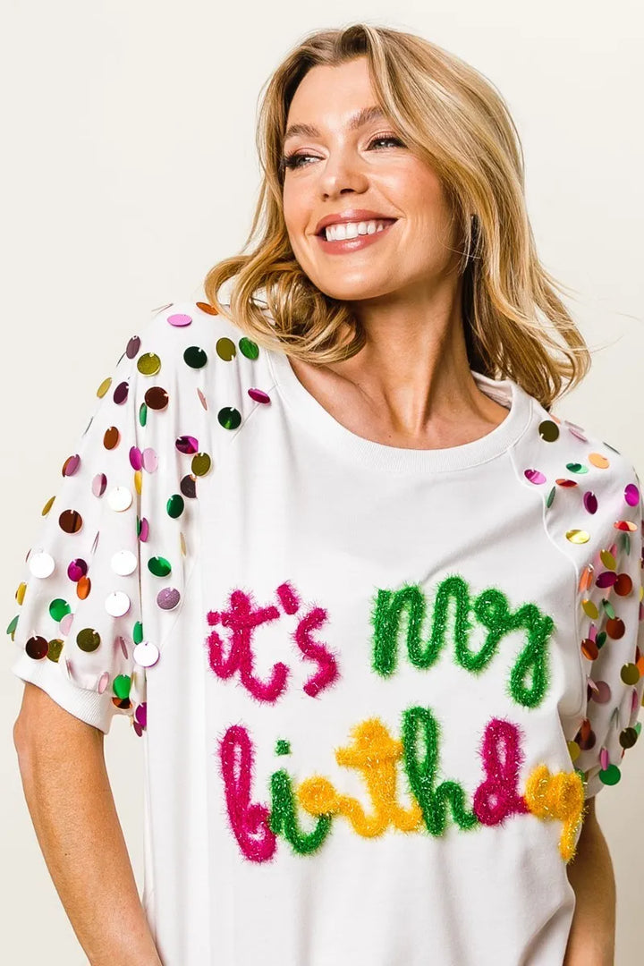 BiBi Metallic Letter Spangle Raglan Puff Sleeve Top Tops