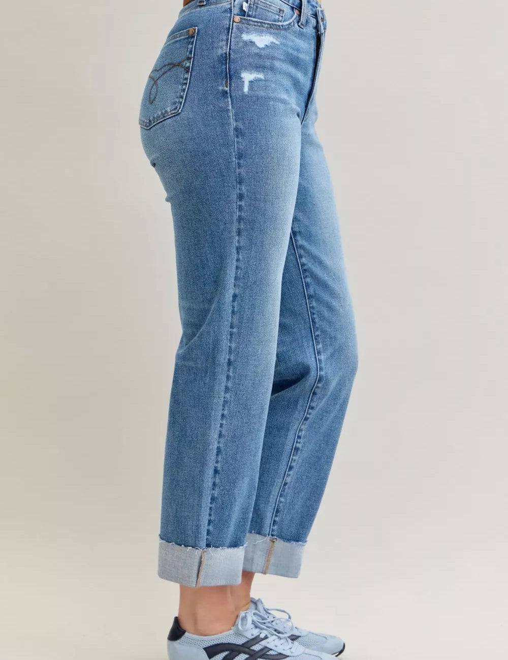 Judy Blue High Waist Bf Criss-cross Mild Destroy Jeans with Single Cuff | Daverri Fashions