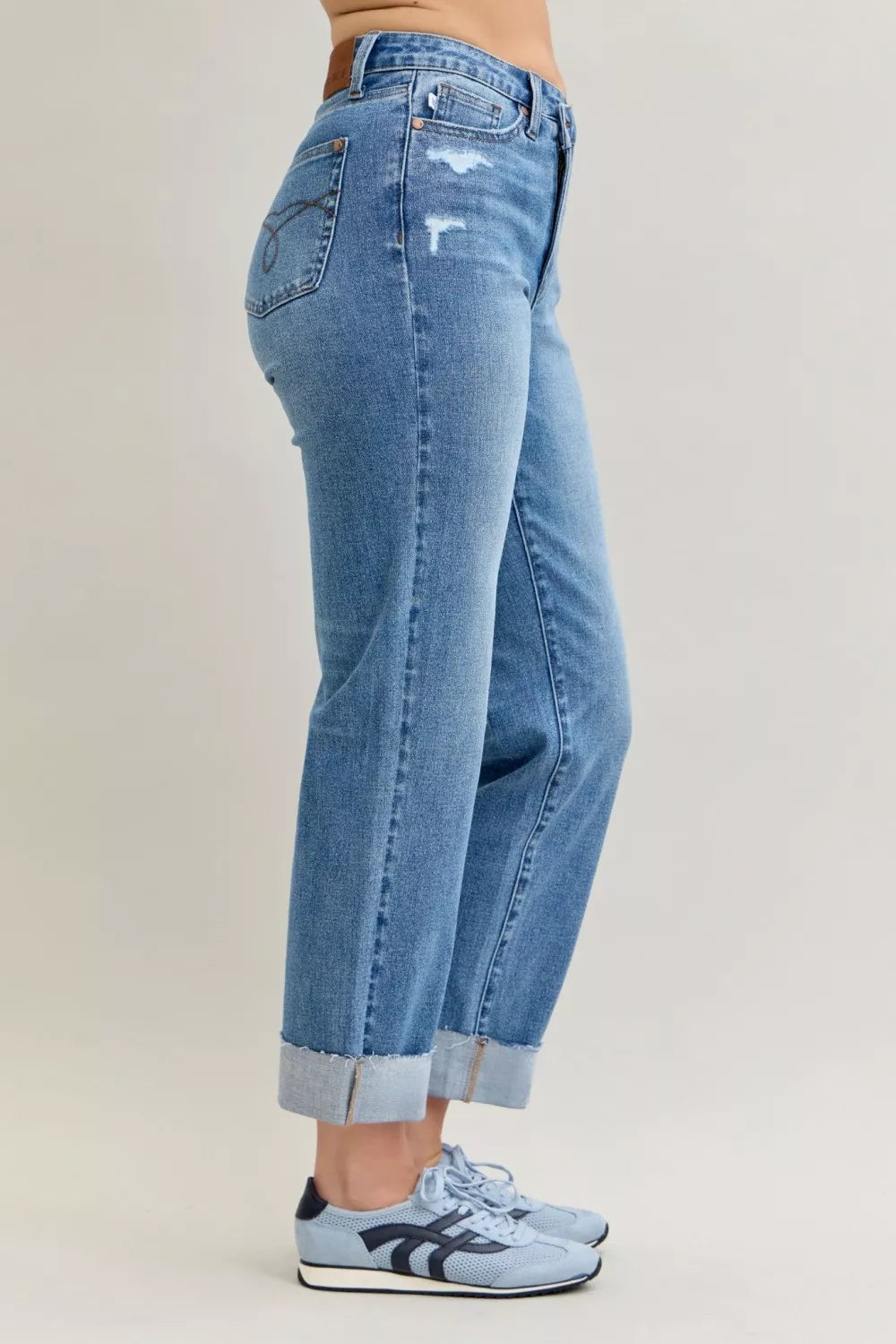 Judy Blue High Waist Bf Criss-cross Mild Destroy Jeans with Single Cuff | Daverri Fashions