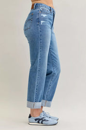 Judy Blue High Waist Bf Criss-cross Mild Destroy Jeans with Single Cuff | Daverri Fashions