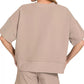Beige ribbed knit Zenana two-piece loungewear set with round neck tee and banded shorts