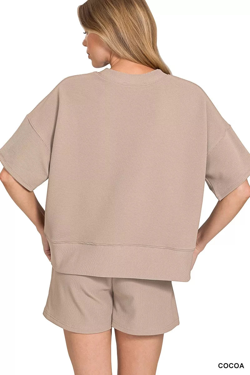 Beige ribbed knit Zenana two-piece loungewear set with round neck tee and banded shorts