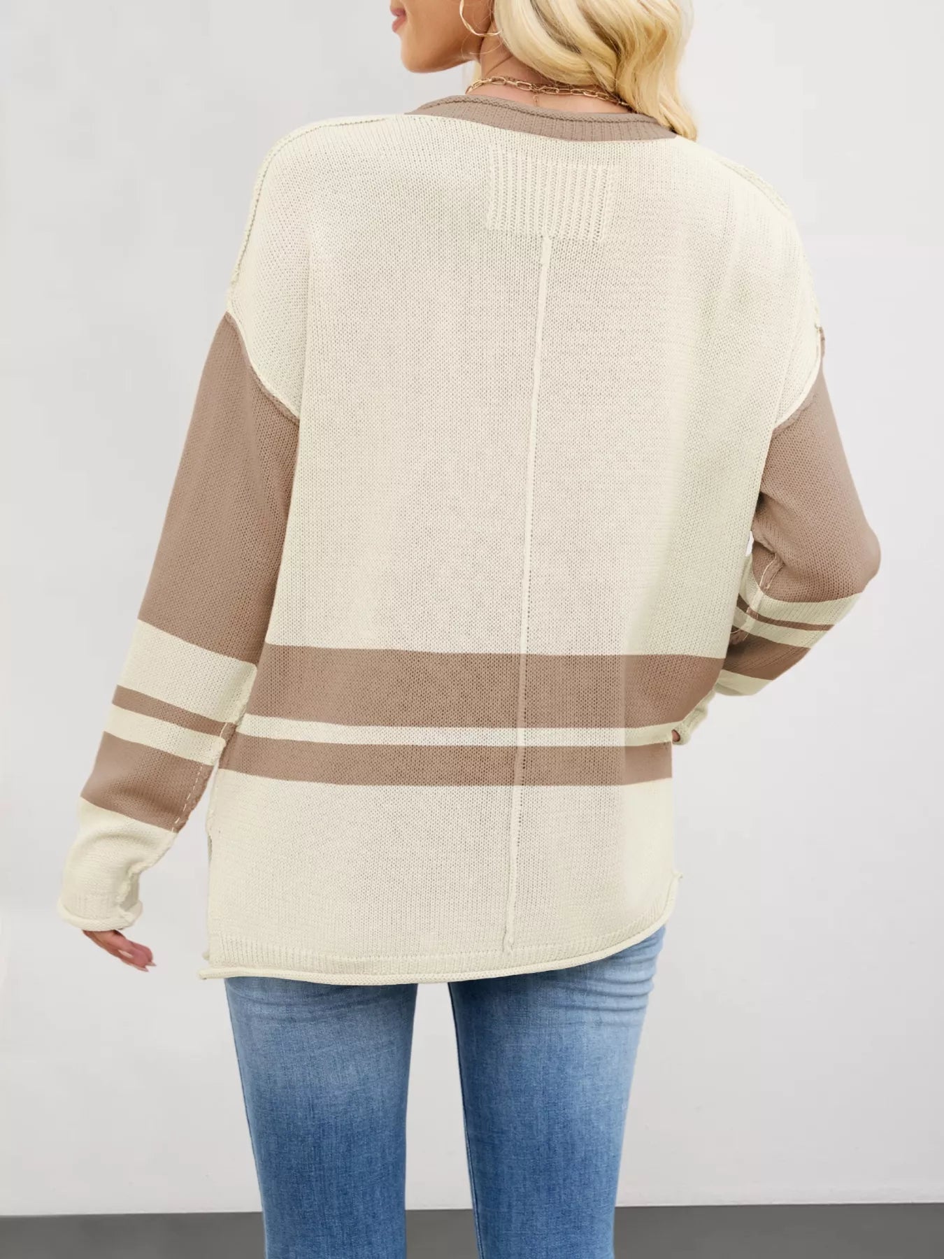 Cream and taupe color-blocked knit cardigan with ribbed details