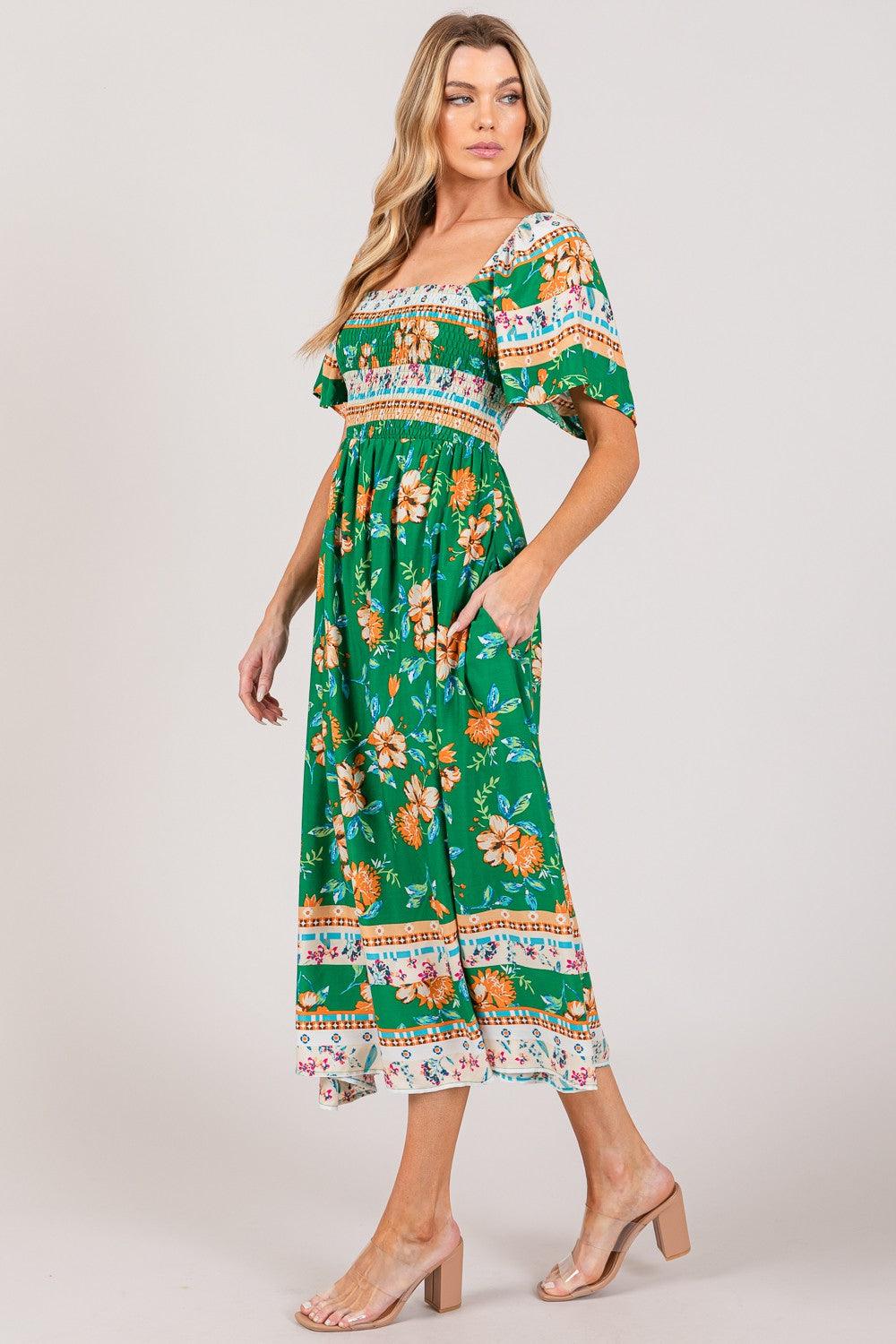 SAGE + FIG Printed Smocked Short Sleeve Midi Dress Mid Dresses