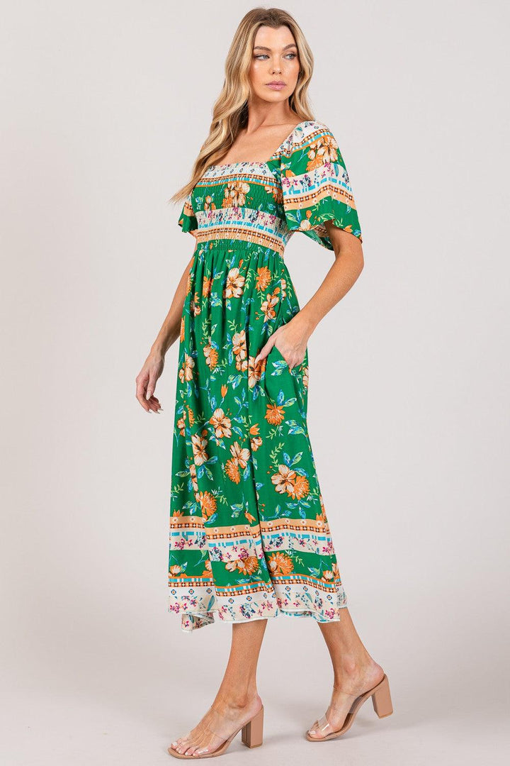 SAGE + FIG Printed Smocked Short Sleeve Midi Dress Midi Dresses