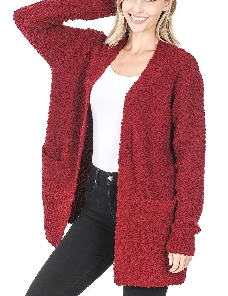 CABERNET Zenana Long Sleeve Popcorn Sweater Cardigan with Pockets | Sweaters Daverri Fashions