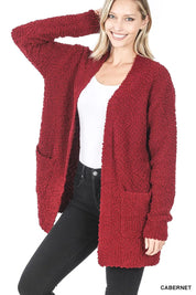 CABERNET Zenana Long Sleeve Popcorn Sweater Cardigan with Pockets | Sweaters Daverri Fashions