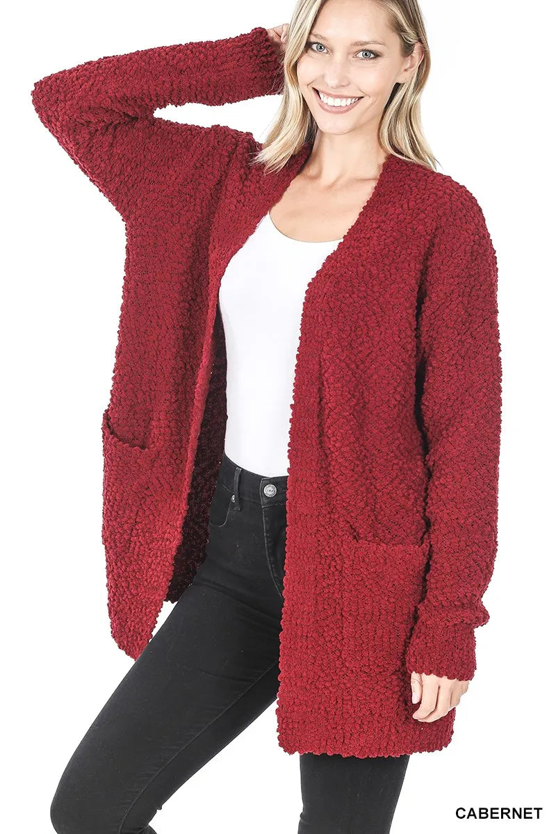 Zenana Long Sleeve Popcorn Sweater Cardigan with Pockets CABERNET