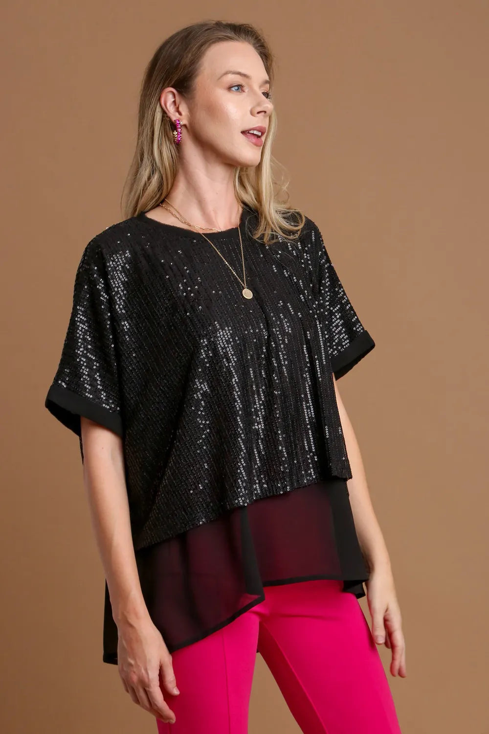 Black Umgee Sequin Half Sleeve Layered Blouse | Blouses Daverri Fashions