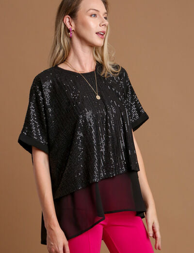 Umgee Sequin Half Sleeve Layered Blouse Black