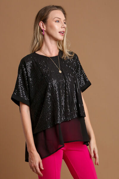 Umgee Sequin Half Sleeve Layered Blouse Black