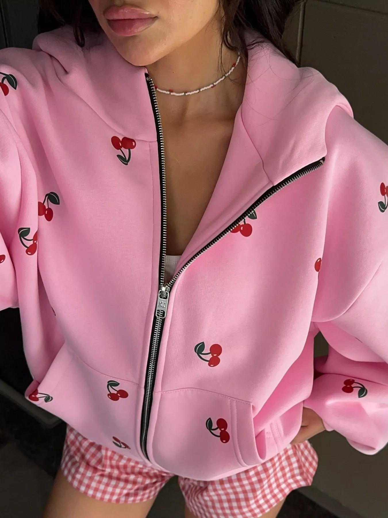 Cherry Print Oversized Zip-Up Hoodie | Hoodies Daverri Fashions