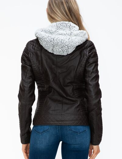 YMI Faux Layered Double-Zipper Jacket with Fuzzy Hood