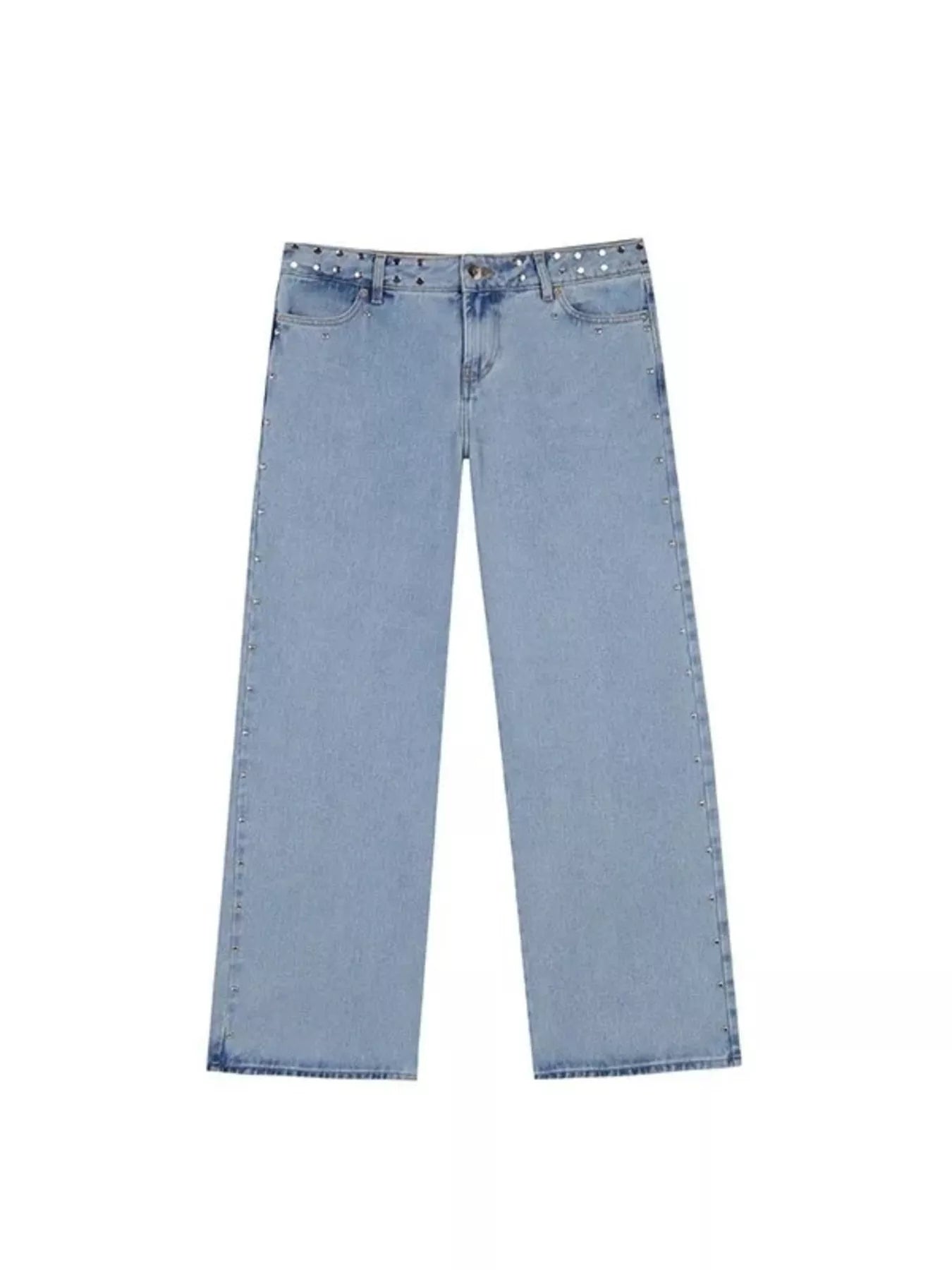 Leopard star patches light-wash straight-leg jeans with silver studs