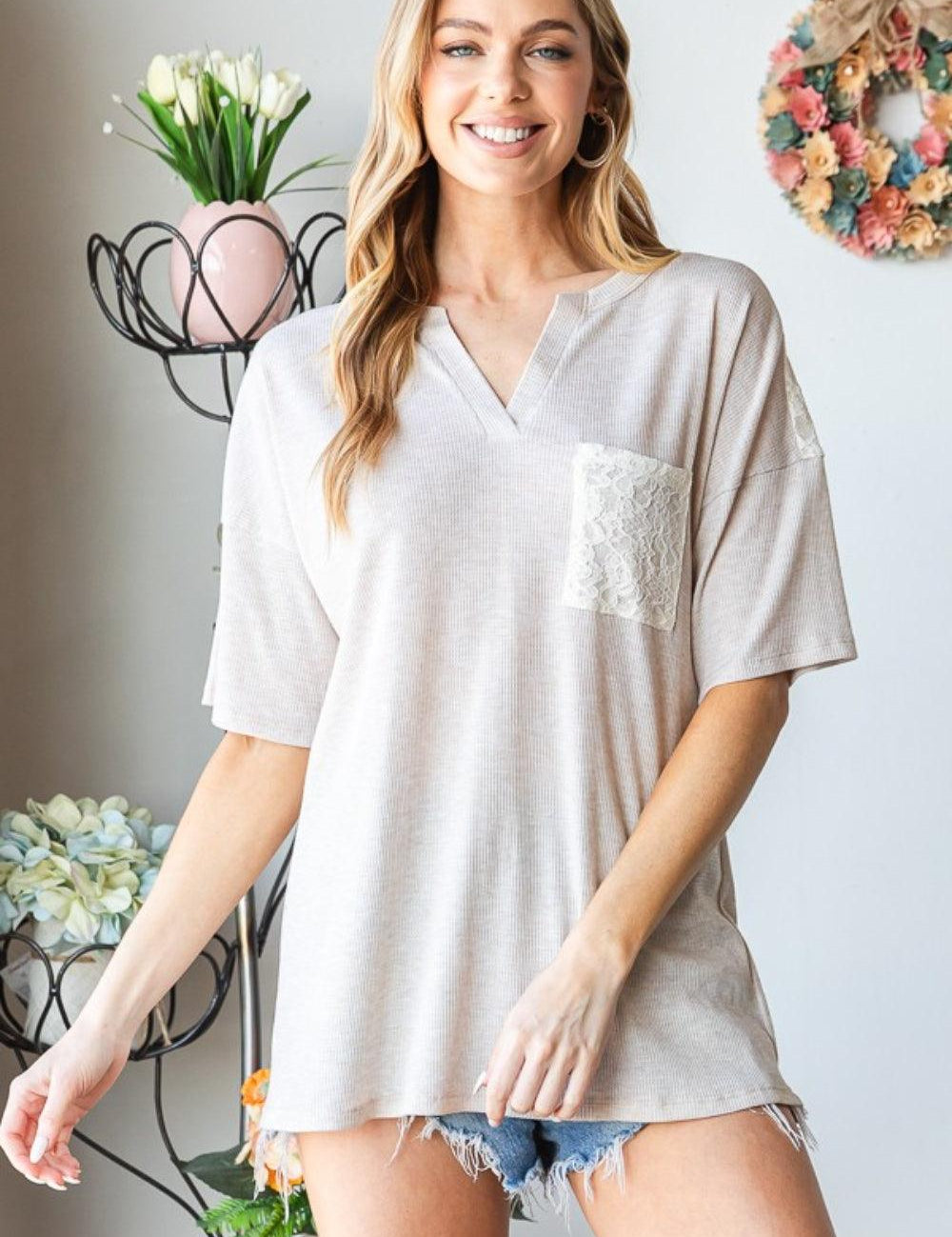 Oatmeal Heimish Full Size Lace Front Pocket Drop Shoulder Top | Tops Daverri Fashions