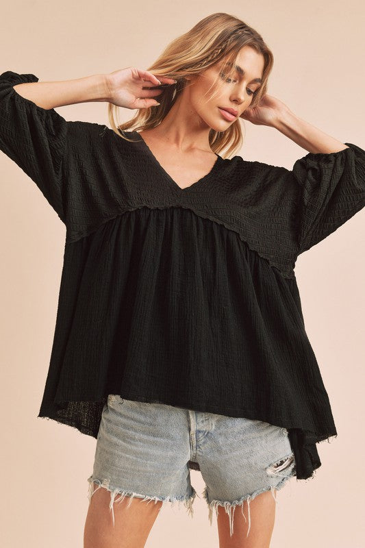 Aemi + Co High-Low Frayed Hem V-Neck Blouse Black Blouses