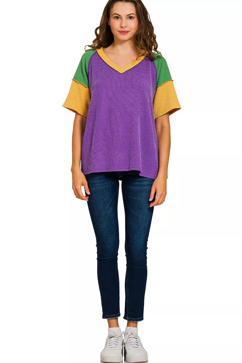 Zenana Mardi Gras raised rib color block v-neck top in purple, green, yellow