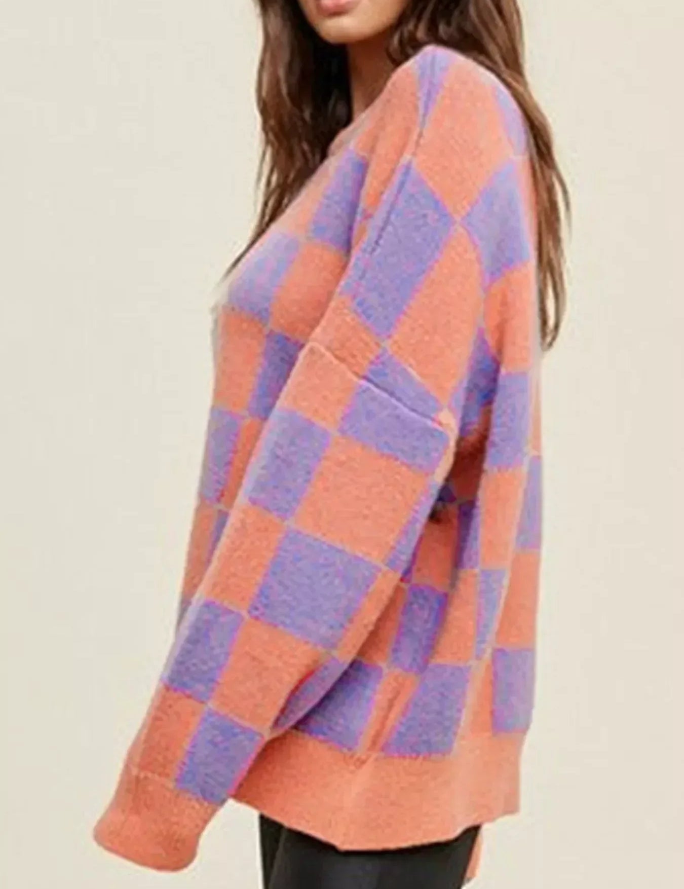 Checkerboard Chic Round Neck Sweater - DAVERRI FASHIONS