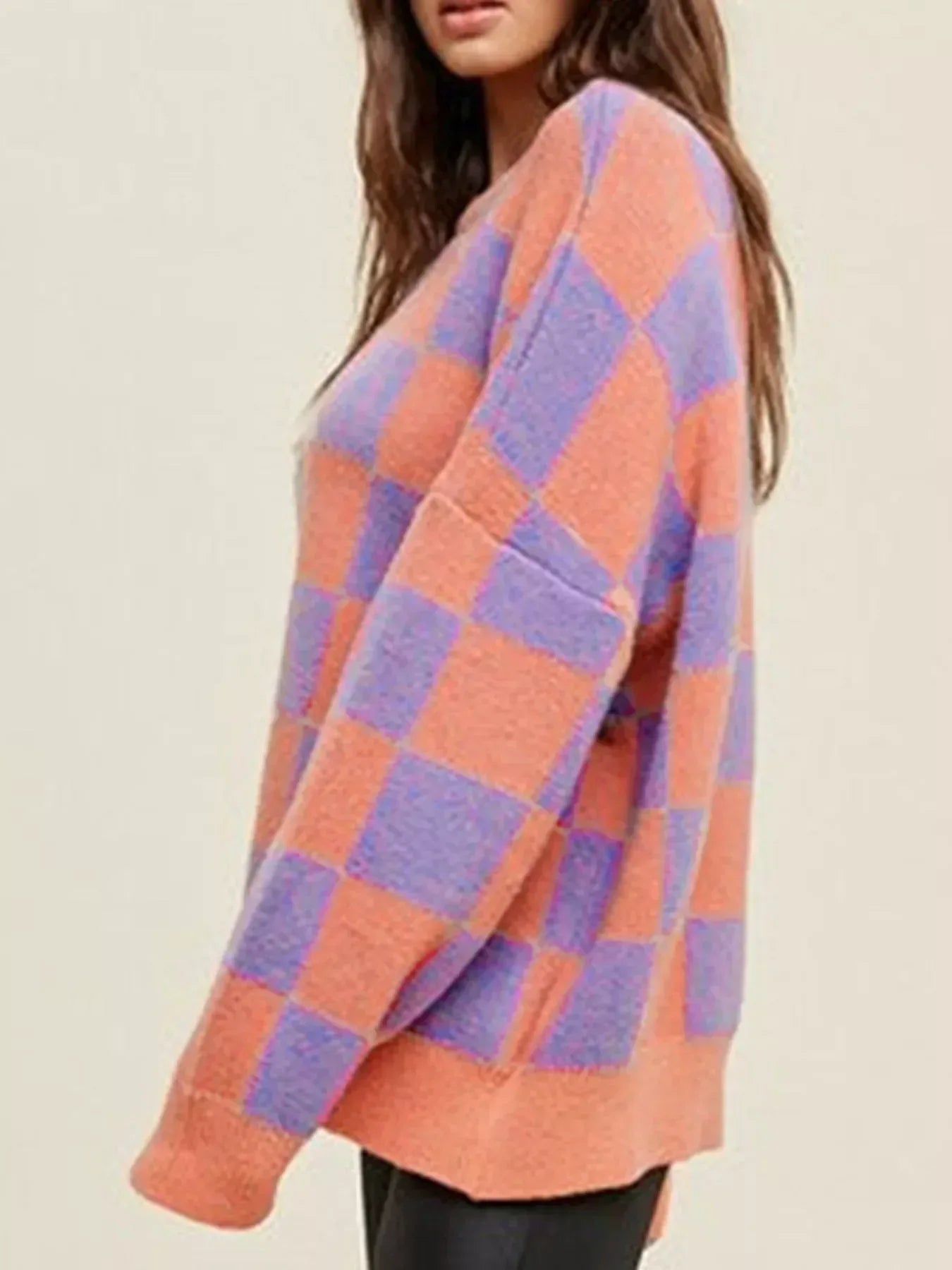 Checkerboard Chic Round Neck Sweater - DAVERRI FASHIONS