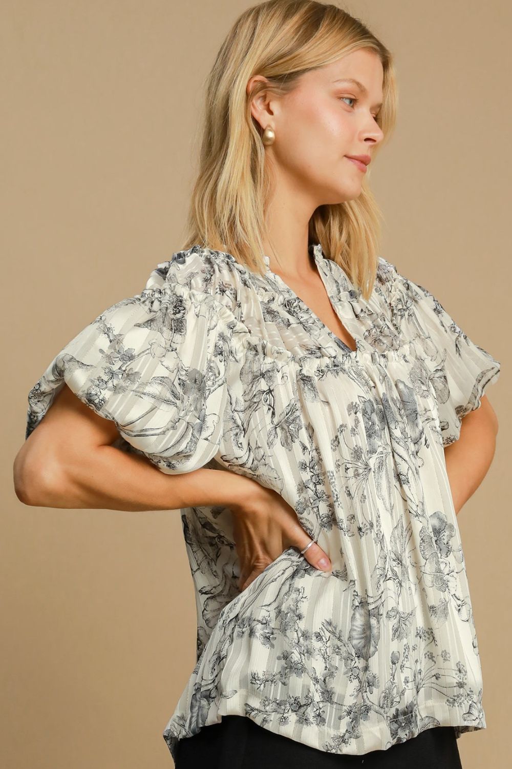 Umgee Full Size Floral Print Metallic Ruffle Blouse Plus Size Blouses