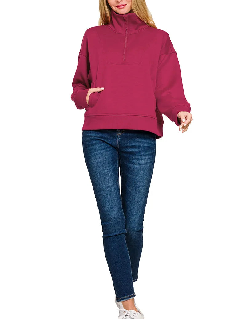 Zenana Scuba Half Zip Sweatshirt with Pockets | Sweatshirts Daverri Fashions