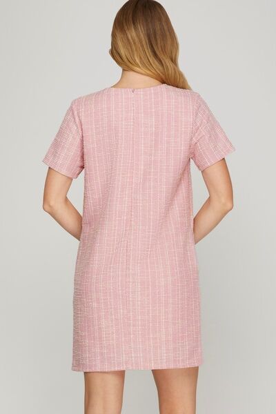 She + Sky Pink Short Sleeve Pearl Studded Trim Knit Tweed Dress Mini Dresses