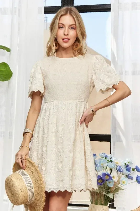 ADORA Rround Neck Crinkle Babydoll Dress - DAVERRI FASHIONS