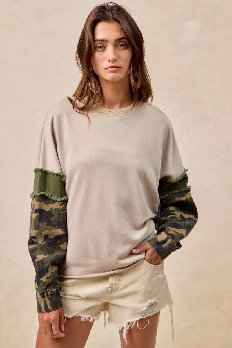 TAUPE OLIVE BiBi Camo Sleeve French Terry Top with Frayed Edge | Daverri Fashions