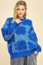 Blue Davi & Dani Flower Texture Round Neck Dropped Shoulder Sweater | Sweaters Daverri Fashions