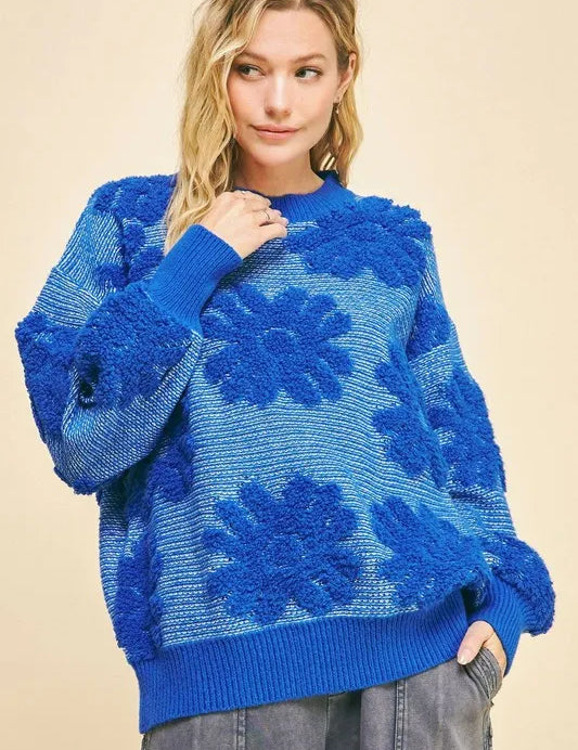 Blue Davi & Dani Flower Texture Round Neck Dropped Shoulder Sweater | Sweaters Daverri Fashions