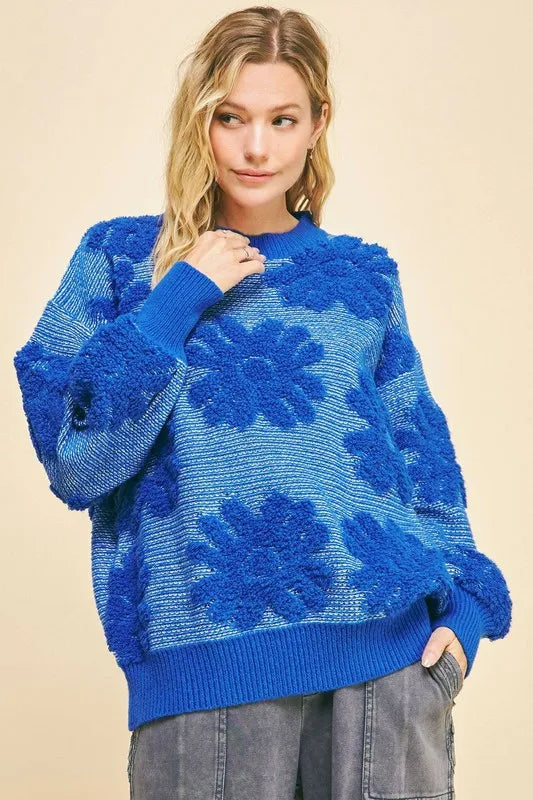 Blue Davi & Dani Flower Texture Round Neck Dropped Shoulder Sweater | Sweaters Daverri Fashions