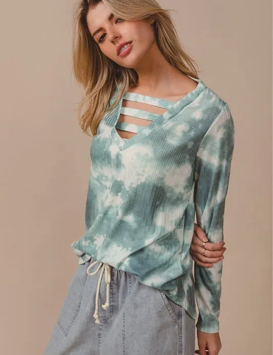 BiBi Variegated Tie Dye Rib V-Neck Top with Strapped | Tops Daverri Fashions