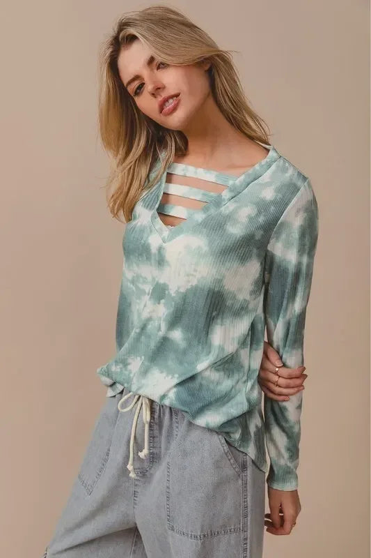 BiBi Variegated Tie Dye Rib V-Neck Top with Strapped - DAVERRI FASHIONS