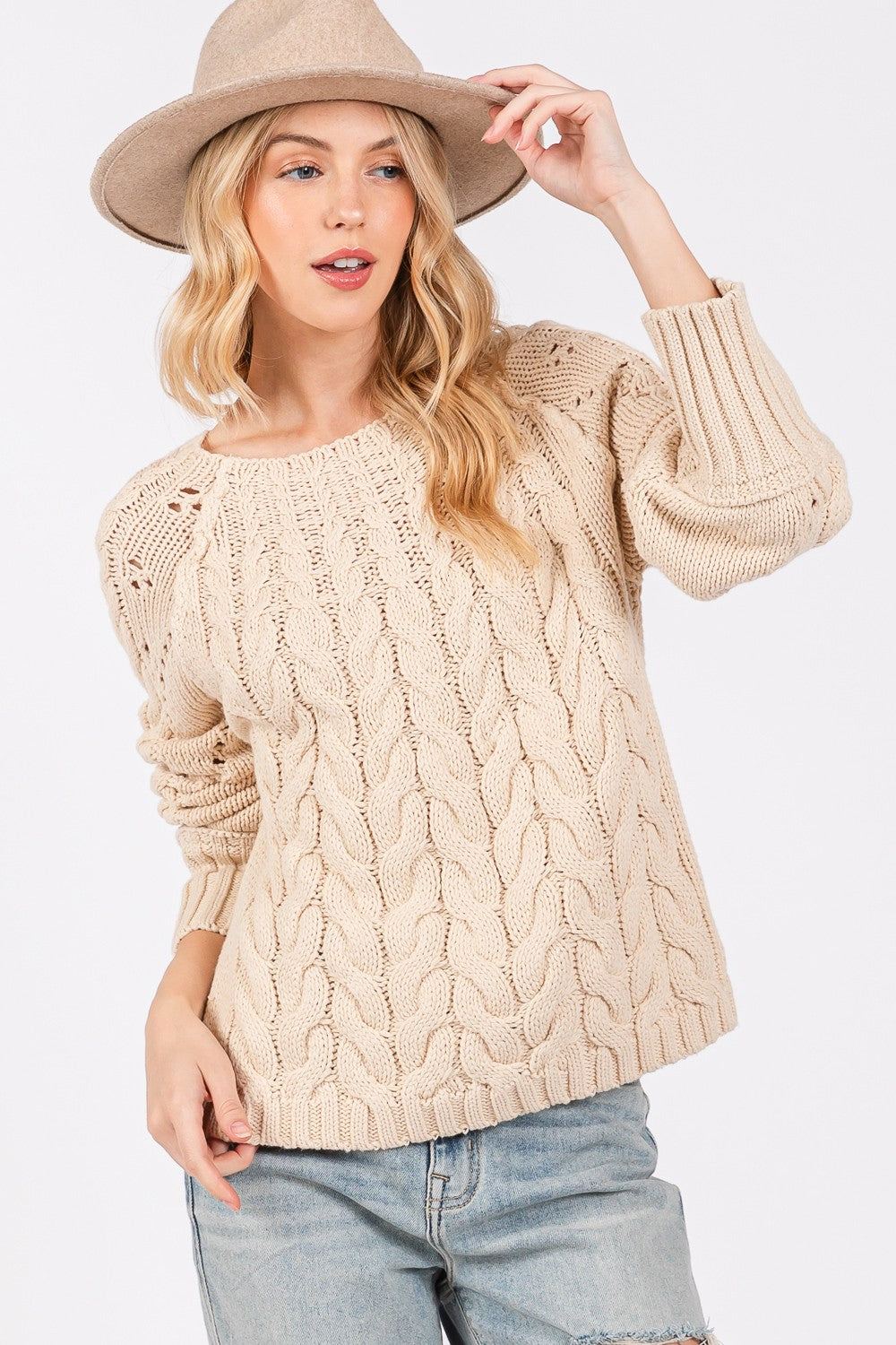 SAGE + FIG Cable-Knit Long Sleeve Sweater Natural Natural Sweaters