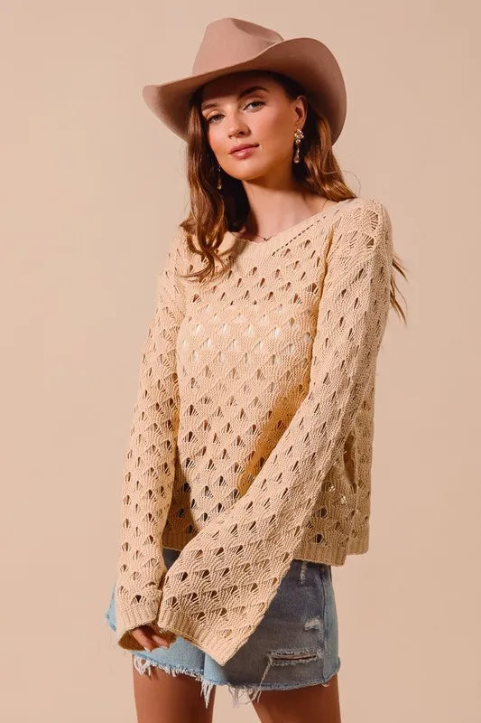 SO ME Geometric Pattern Open Knit Lightweight Sweater